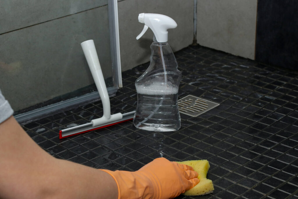 walk in shower scrubbing floor