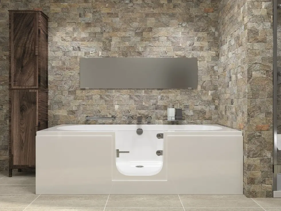Modern bathroom with white walk‑in bathtub, stone tile walls, and minimalist fixtures