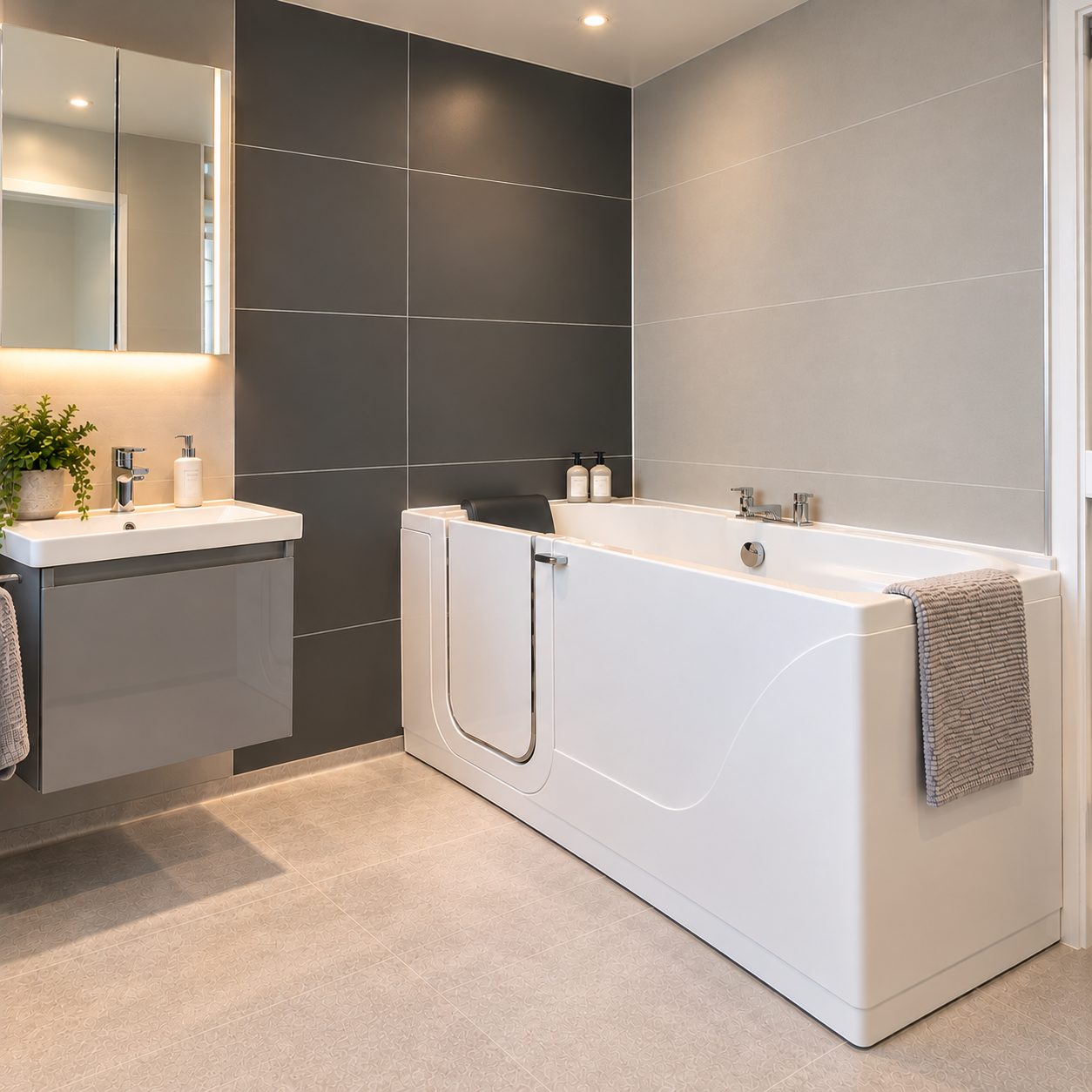 grey bathroom with walk-in bath glasgow